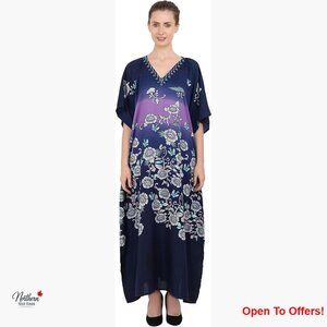 Polyester Kaftan Maxi Dress with V-Neck and Pockets, Swimsuit Cover Up